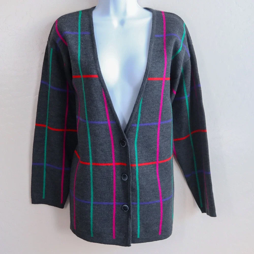 Vintage Liz Claiborne Wool Cashmere Blend Cardigan 80s 90s Plaid Grid Sweater M‎